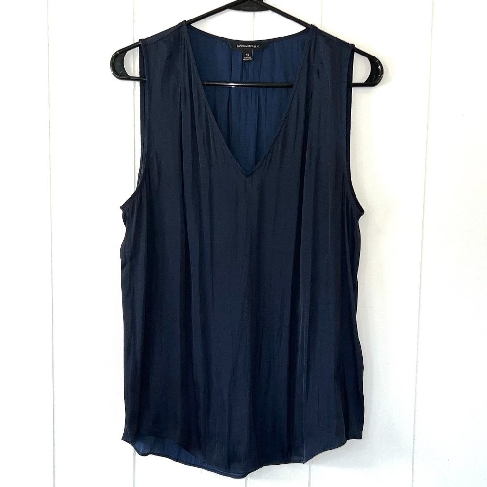 Banana Republic Dark Blue Sleeveless Soft Satin V-neck Top - NWOT